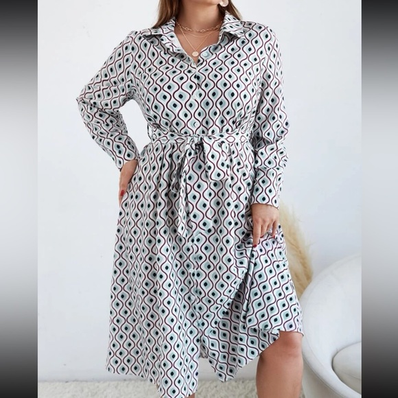 NWOT Plus Wave Stripe & Geo Print Belted Shirt Dress - Picture 5 of 5